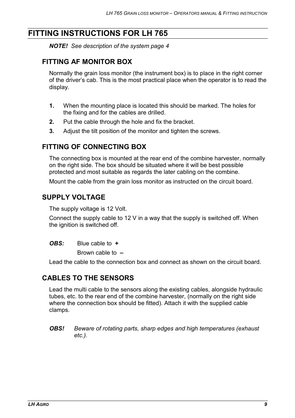 Fitting instructions for lh 765, Fitting af monitor box, Fitting of connecting box | Supply voltage, Cables to the sensors | TeeJet LH 765 User Manual | Page 9 / 16