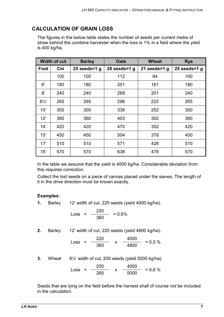Calculation of grain loss | TeeJet LH 865 User Manual | Page 7 / 18