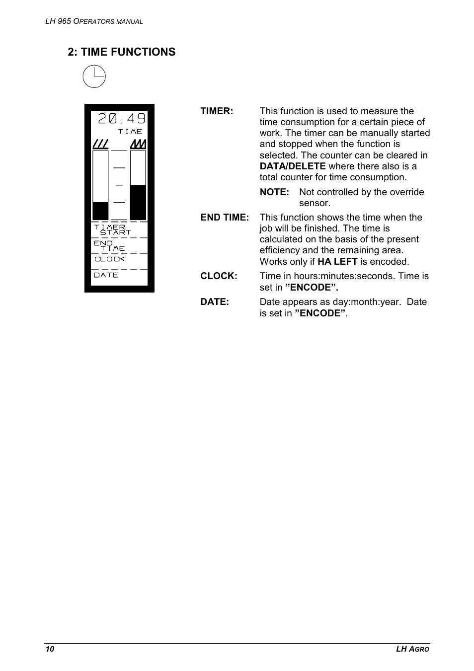 Time functions | TeeJet LH 965 User Manual | Page 10 / 16