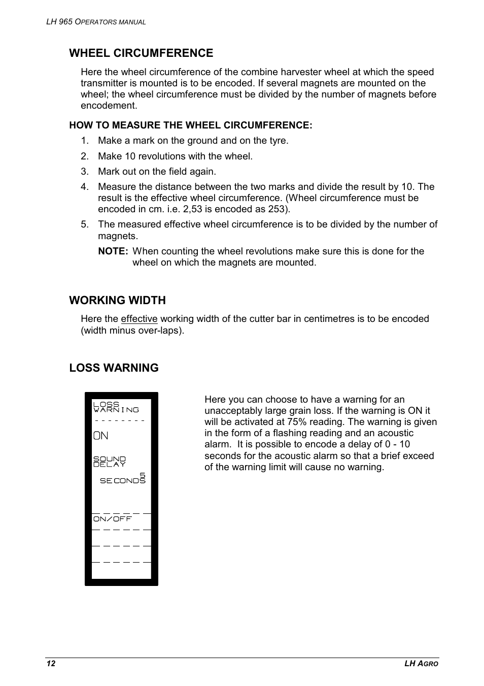 Wheel circumference working width loss warning, Wheel circumference, Working width | Loss warning | TeeJet LH 965 User Manual | Page 12 / 16