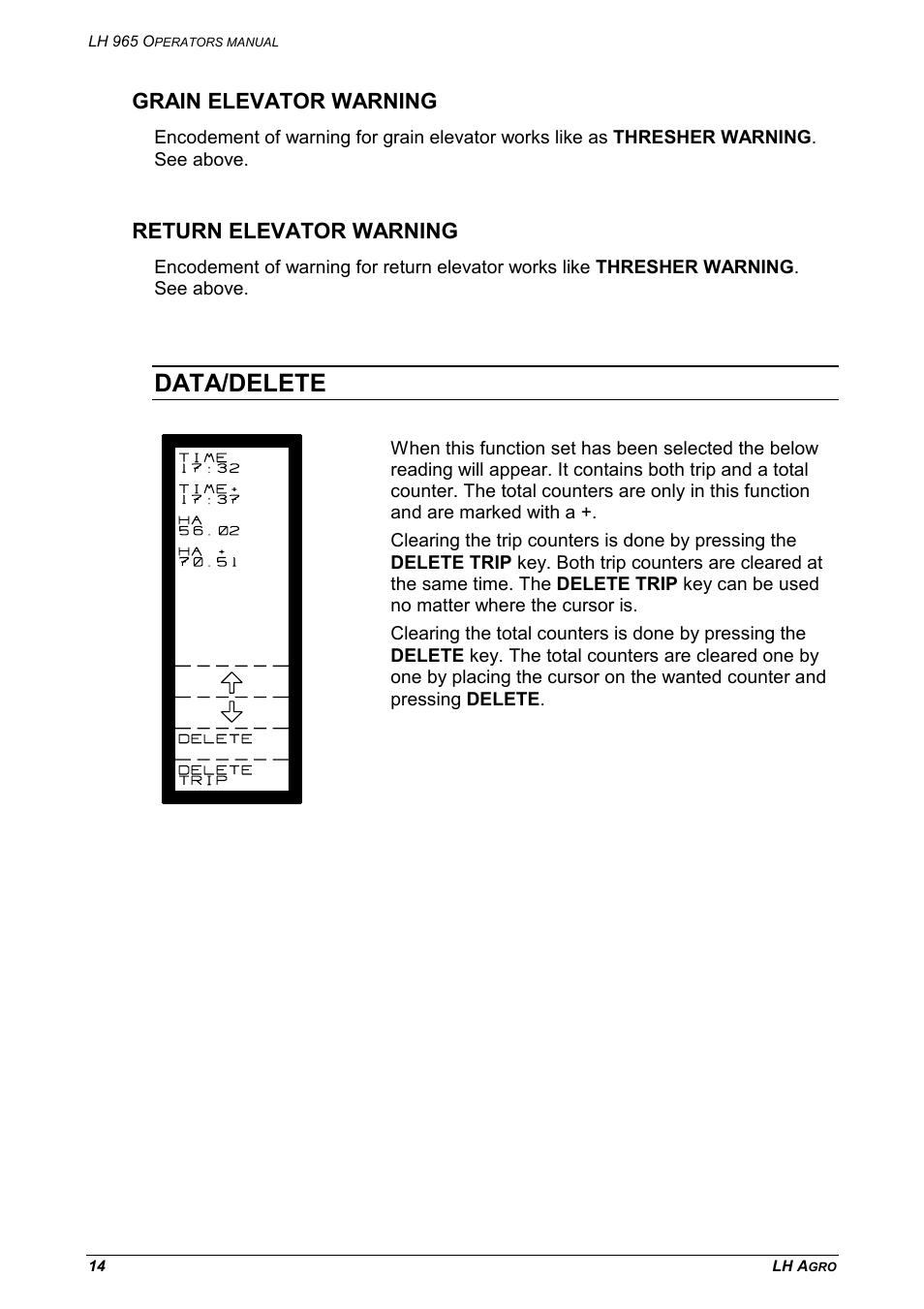 Grain elevator warning return elevator warning, Data/delete, Grain elevator warning | Return elevator warning | TeeJet LH 965 User Manual | Page 14 / 16