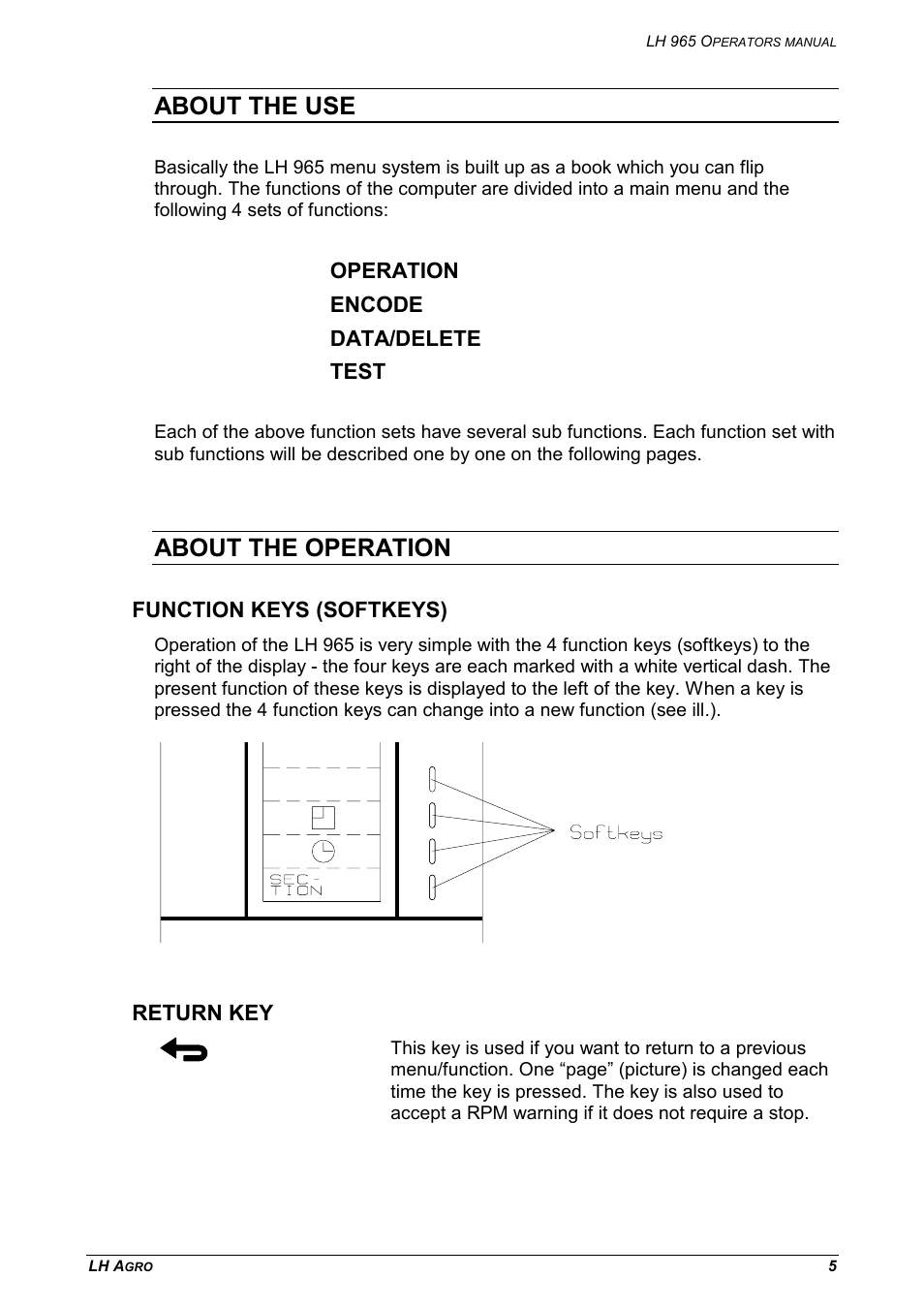 About the use about the operation, Function keys (softkeys) return key, About the use | About the operation, Operation encode data/delete test, Function keys (softkeys), Return key | TeeJet LH 965 User Manual | Page 5 / 16