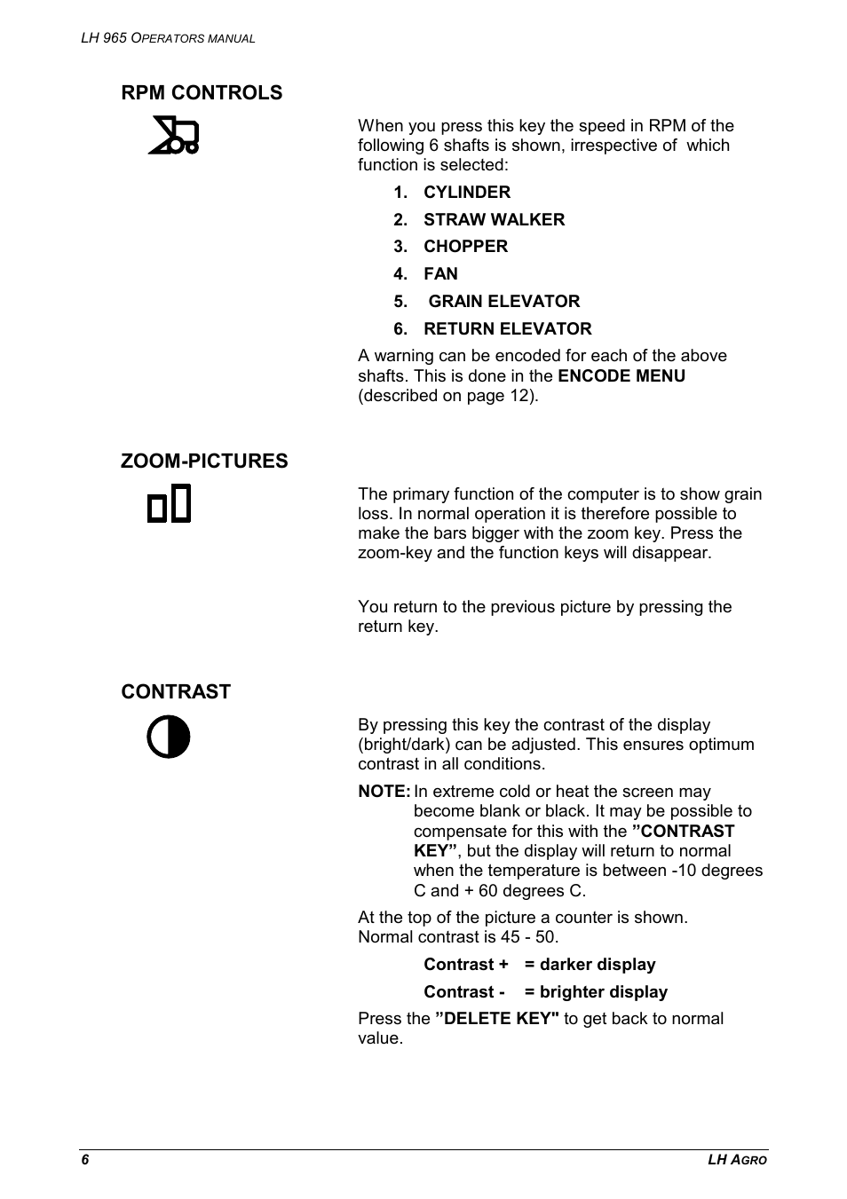 Rpm controls zoom-pictures contrast, Rpm controls, Zoom-pictures | Contrast | TeeJet LH 965 User Manual | Page 6 / 16