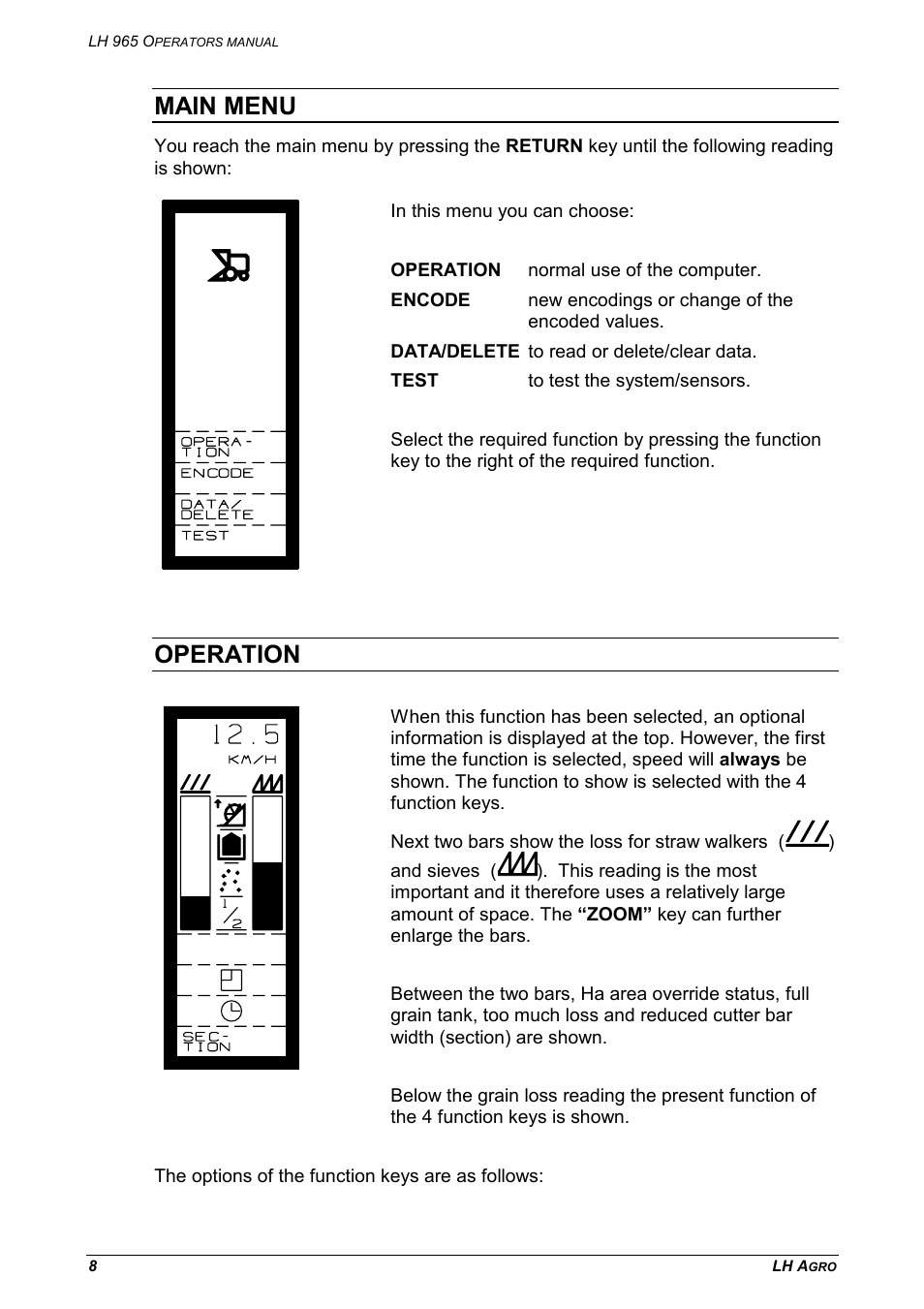 Main menu operation, Main menu, Operation | TeeJet LH 965 User Manual | Page 8 / 16