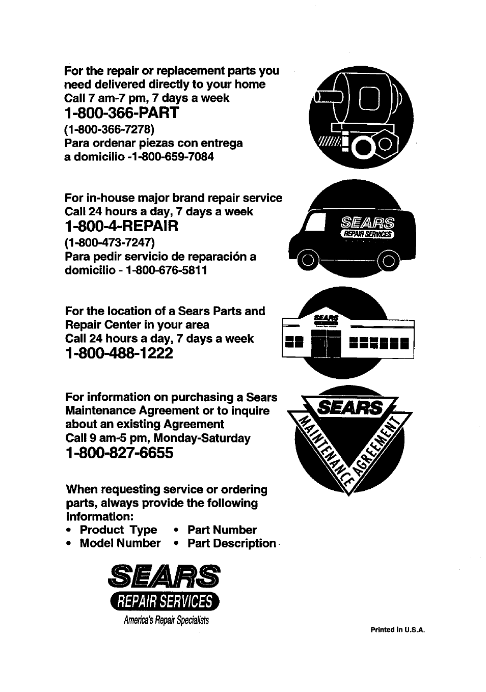 800-366-part, 800-4-repair, Repair services | Craftsman 536.772200 User Manual | Page 24 / 24
