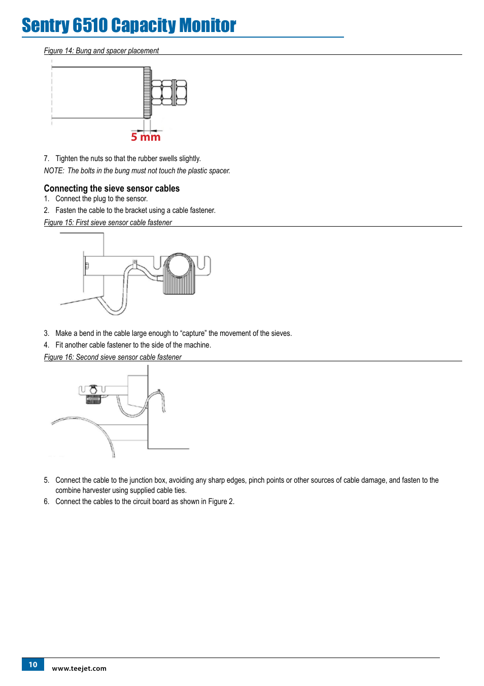 Connecting the sieve sensor cables, Sentry 6510 capacity monitor, 5 mm | TeeJet SENTRY 6510 User Manual | Page 12 / 18