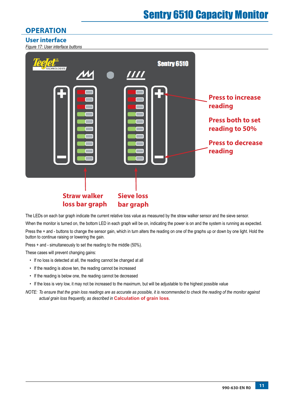 Operation, User interface, Operation 11 | Sentry 6510 capacity monitor | TeeJet SENTRY 6510 User Manual | Page 13 / 18