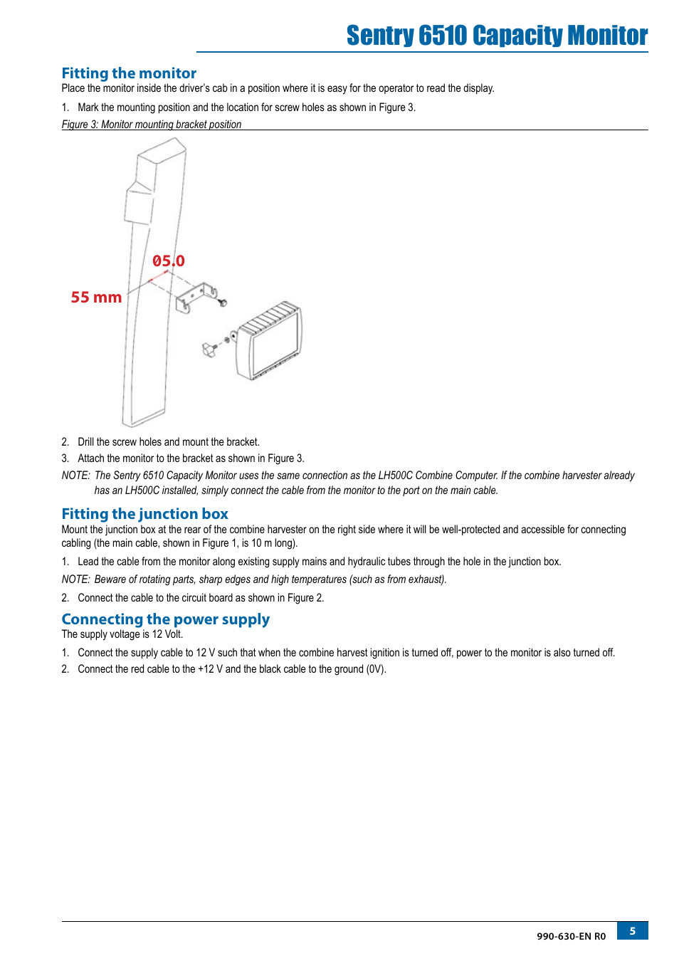 Fitting the monitor, Fitting the junction box, Connecting the power supply | Sentry 6510 capacity monitor | TeeJet SENTRY 6510 User Manual | Page 7 / 18