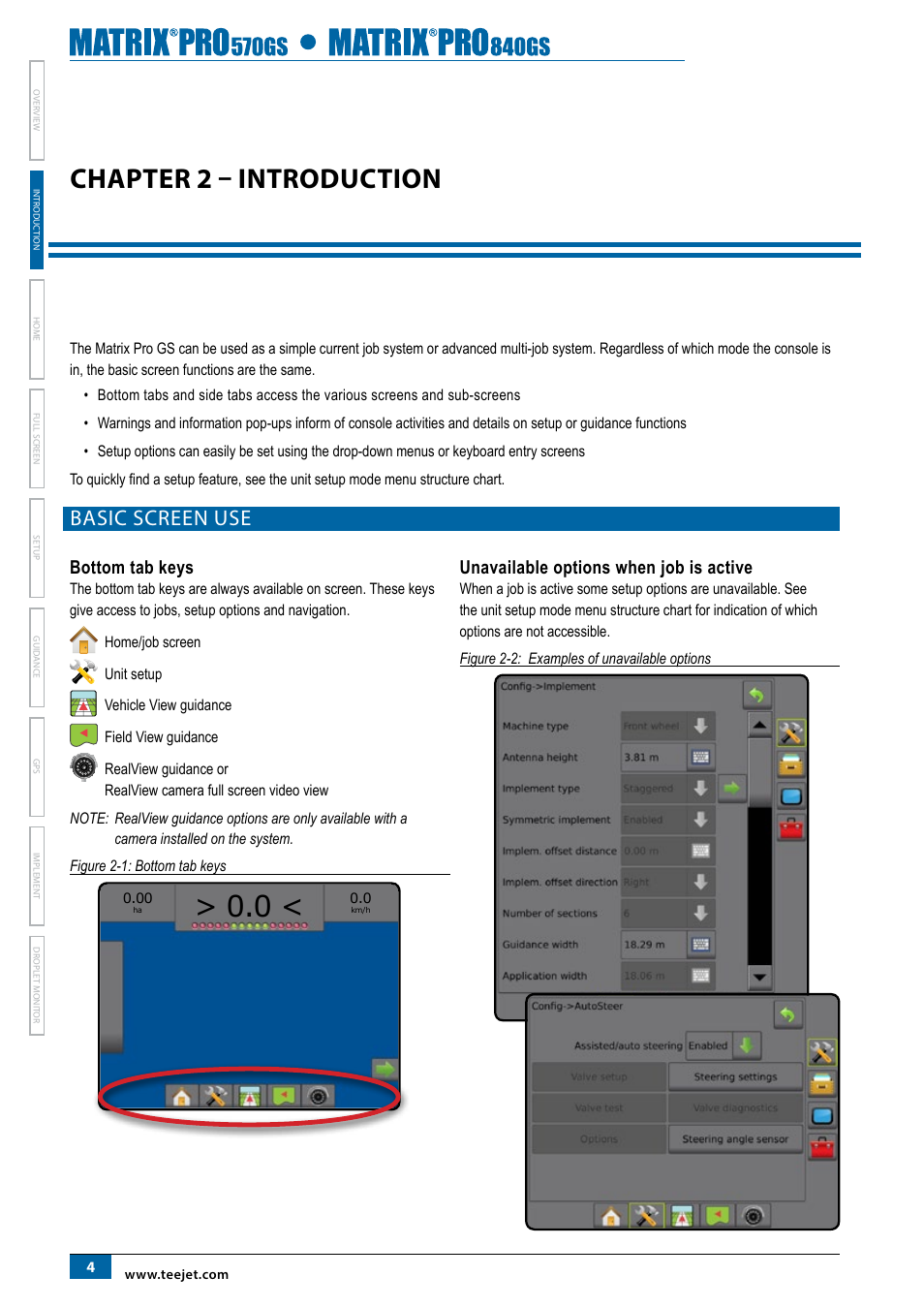 Chapter 2 – introduction, Basic screen use, Bottom tab keys | Unavailable options when job is active | TeeJet Matrix Pro 840GS User Manual | Page 10 / 82