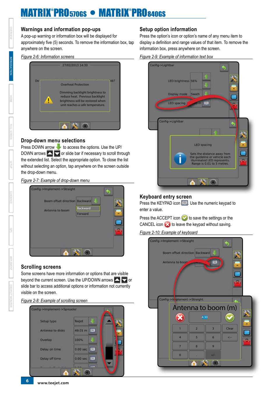 Warnings and information pop-ups, Drop-down menu selections, Scrolling screens | Setup option information, Keyboard entry screen, Antenna to boom (m) | TeeJet Matrix Pro 840GS User Manual | Page 12 / 82