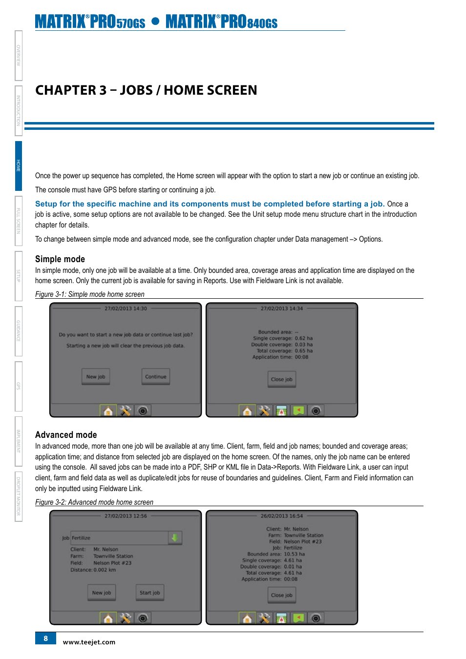 Chapter 3 – jobs / home screen, Simple mode, Advanced mode | TeeJet Matrix Pro 840GS User Manual | Page 14 / 82