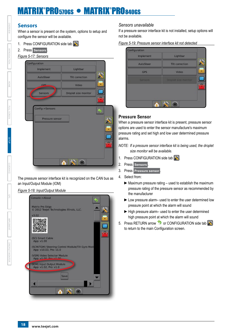 Sensors, Sensors unavailable, Pressure sensor | TeeJet Matrix Pro 840GS User Manual | Page 24 / 82