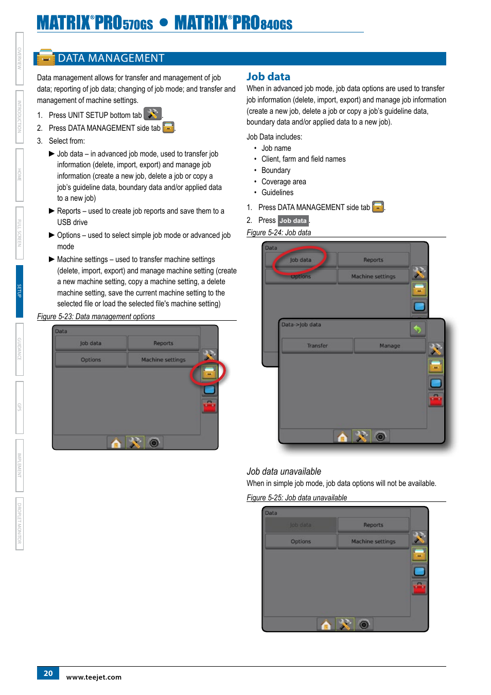 Data management, Job data, Job data unavailable | TeeJet Matrix Pro 840GS User Manual | Page 26 / 82