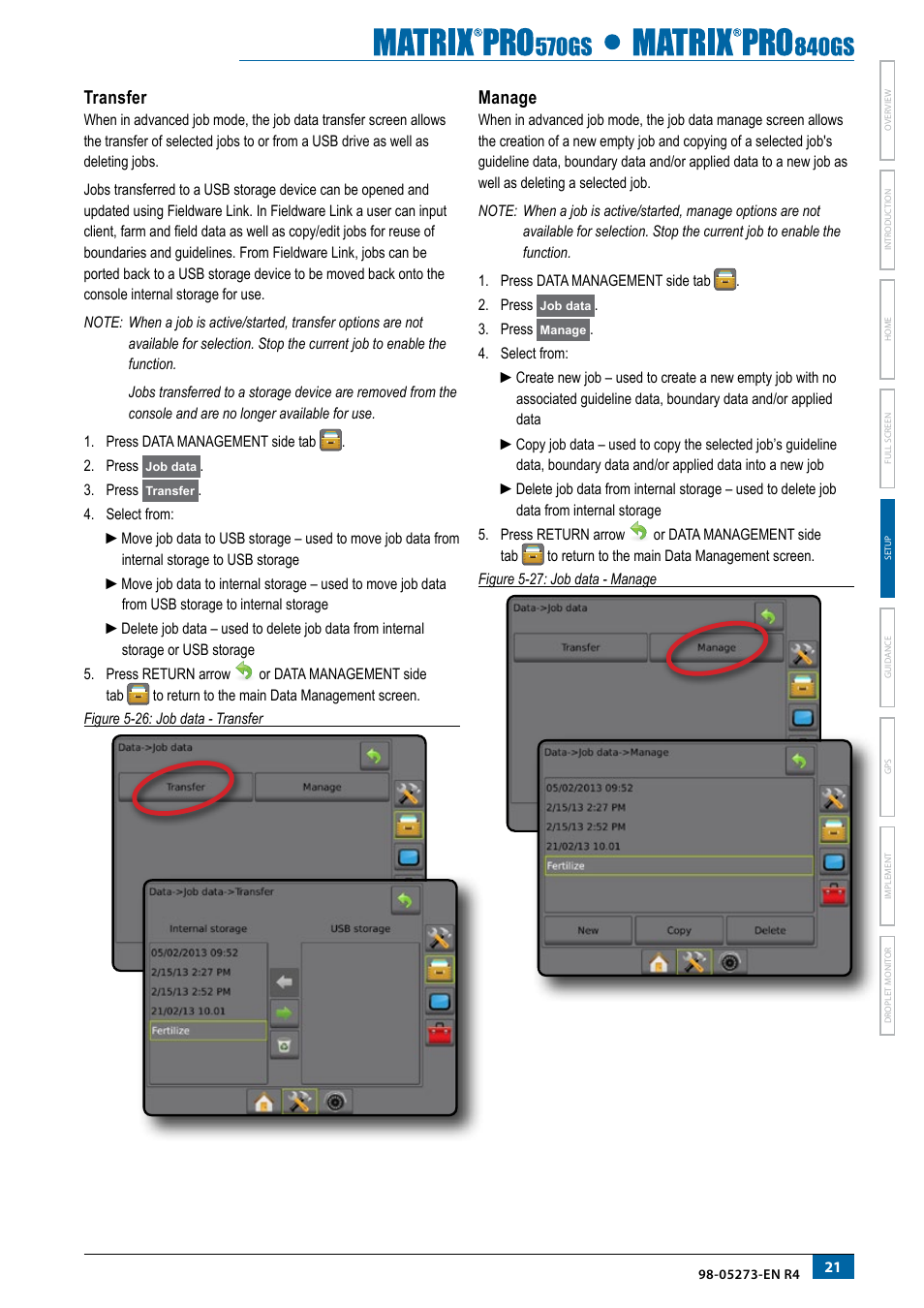 Transfer, Manage | TeeJet Matrix Pro 840GS User Manual | Page 27 / 82