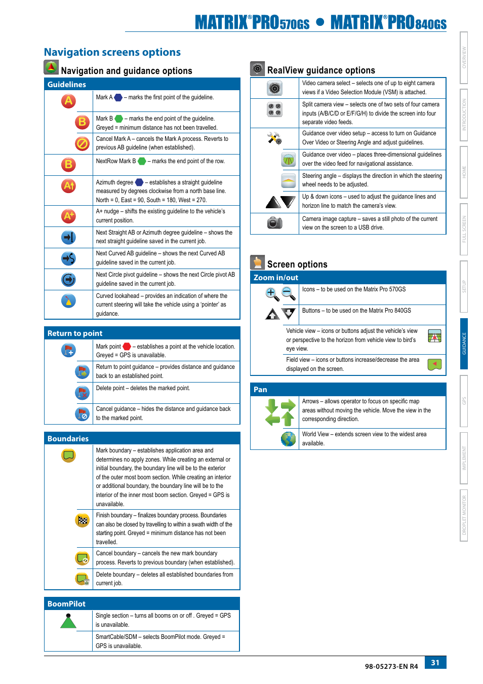 Navigation screens options, Navigation and guidance options, Realview guidance options | Screen options | TeeJet Matrix Pro 840GS User Manual | Page 37 / 82