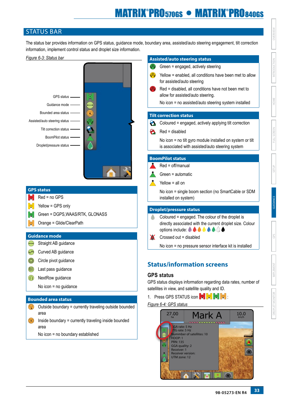 Status bar, Status/information screens, Mark a | Gps status | TeeJet Matrix Pro 840GS User Manual | Page 39 / 82