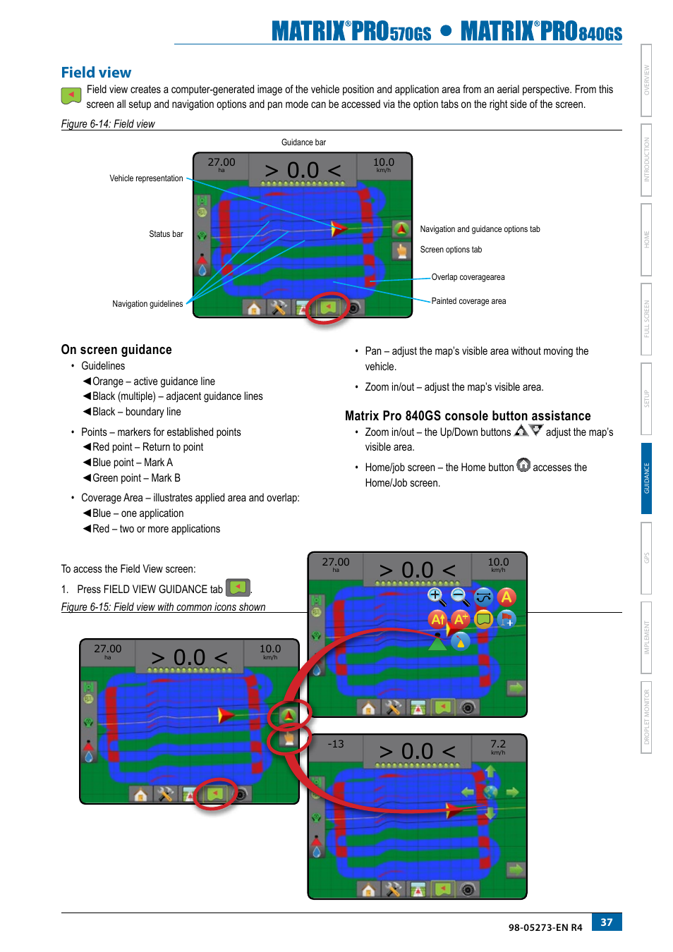 Field view, On screen guidance, Matrix pro 840gs console button assistance | TeeJet Matrix Pro 840GS User Manual | Page 43 / 82