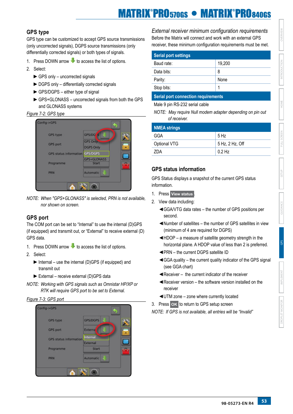 Gps type, Gps port, Gps status information | TeeJet Matrix Pro 840GS User Manual | Page 59 / 82