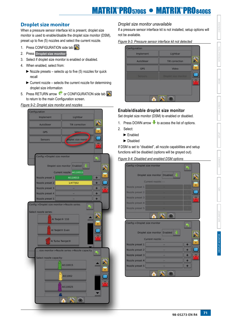 Droplet size monitor, Droplet size monitor unavailable, Enable/disable droplet size monitor | TeeJet Matrix Pro 840GS User Manual | Page 77 / 82