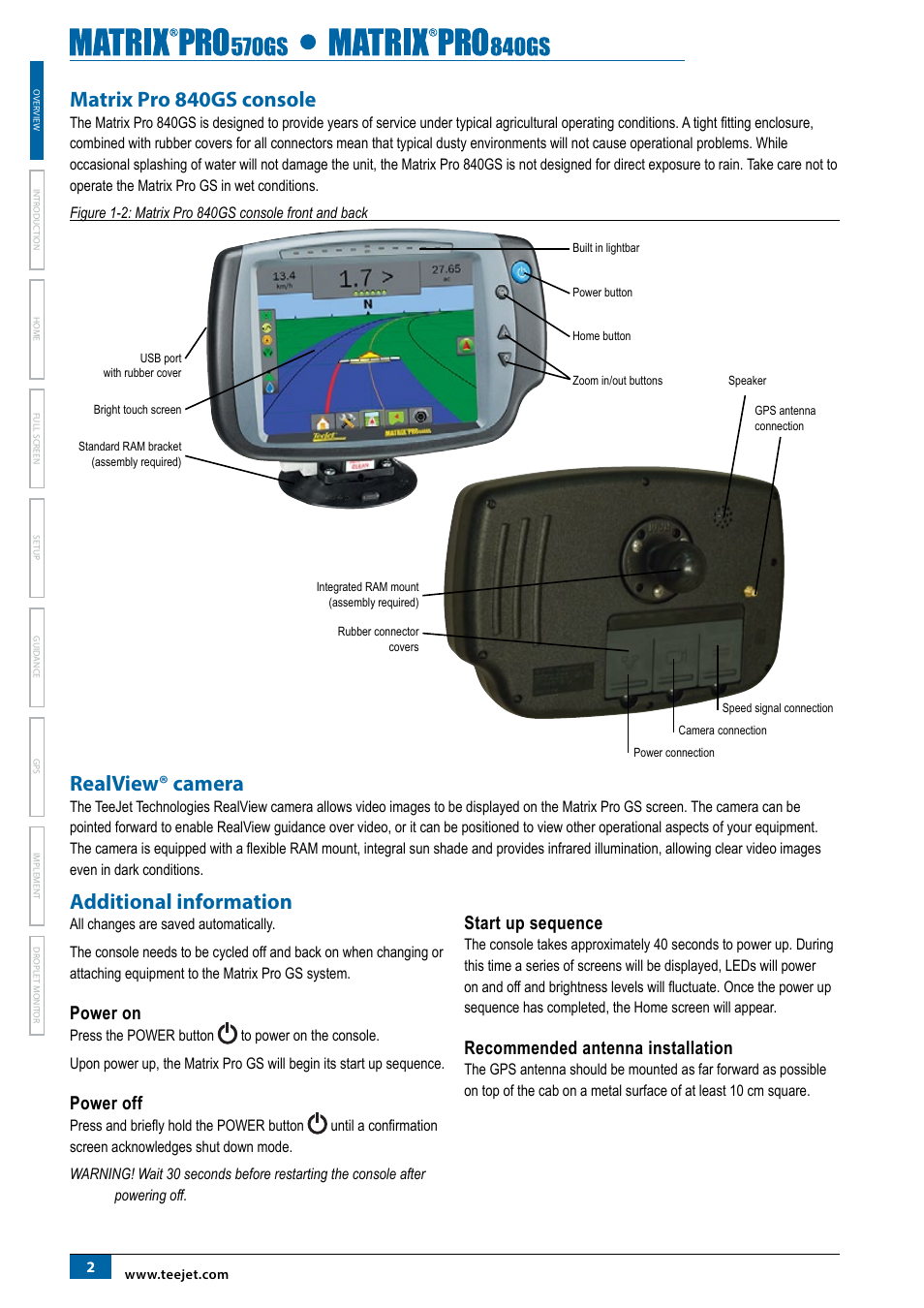 Matrix pro 840gs console, Realview® camera, Additional information | Power on, Power off, Start up sequence, Recommended antenna installation | TeeJet Matrix Pro 840GS User Manual | Page 8 / 82