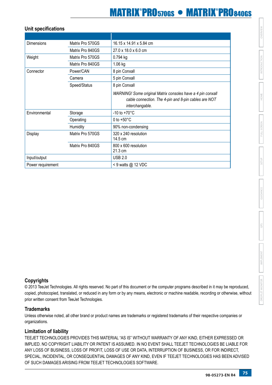 Unit specifications, Copyrights, Trademarks | Limitation of liability | TeeJet Matrix Pro 840GS User Manual | Page 81 / 82