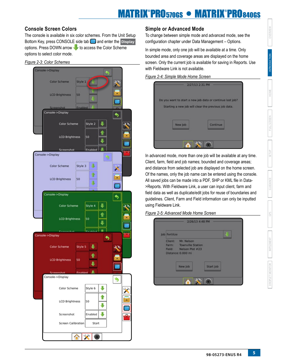 Console screen colors, Simple or advanced mode | TeeJet Matrix Pro 840GS User Manual | Page 11 / 84