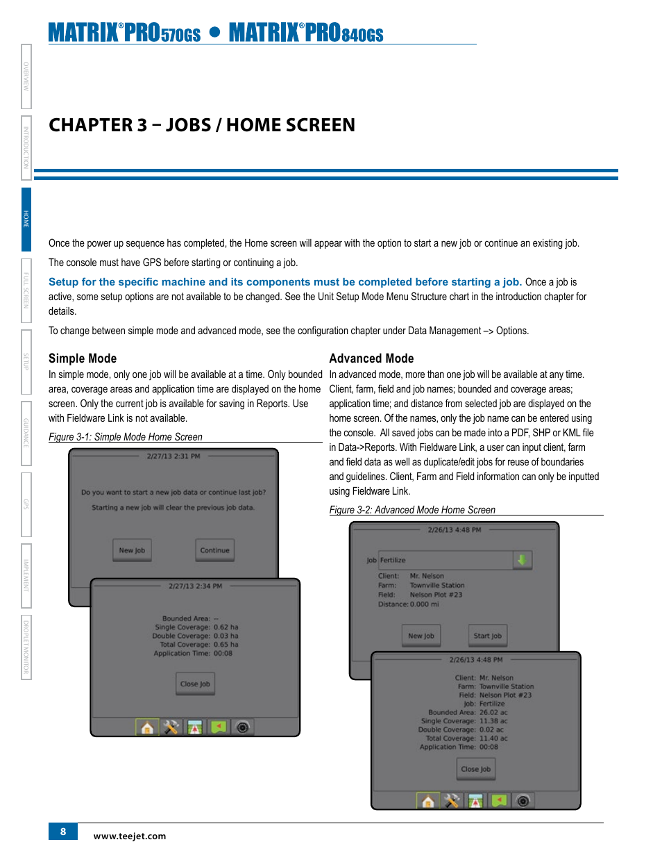 Chapter 3 – jobs / home screen, Simple mode, Advanced mode | TeeJet Matrix Pro 840GS User Manual | Page 14 / 84