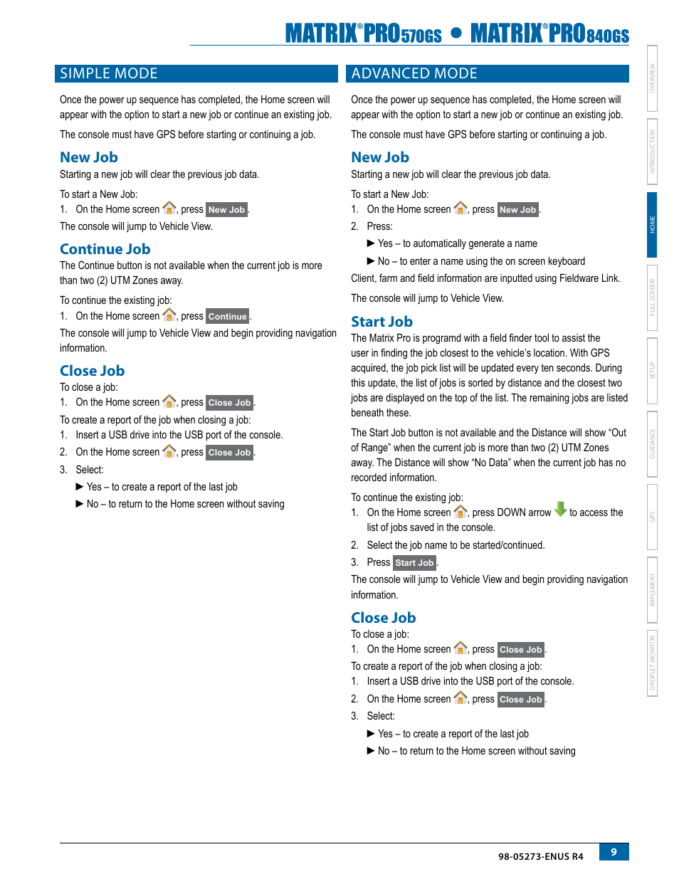 Simple mode, New job, Continue job | Close job, Advanced mode, Start job, New job continue job close job, New job start job close job | TeeJet Matrix Pro 840GS User Manual | Page 15 / 84