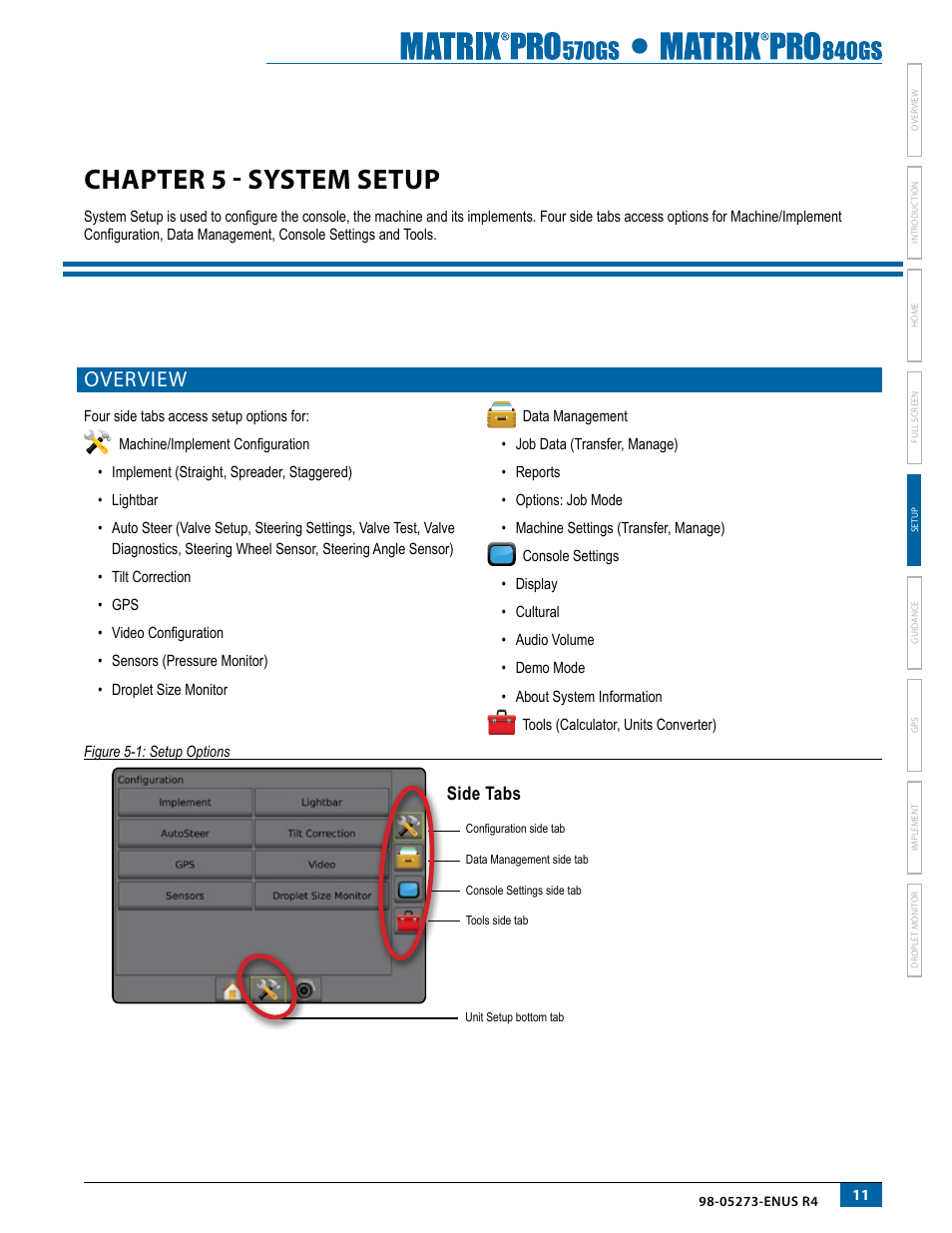 Chapter 5 - system setup, Overview, Overview 11 | Side tabs | TeeJet Matrix Pro 840GS User Manual | Page 17 / 84