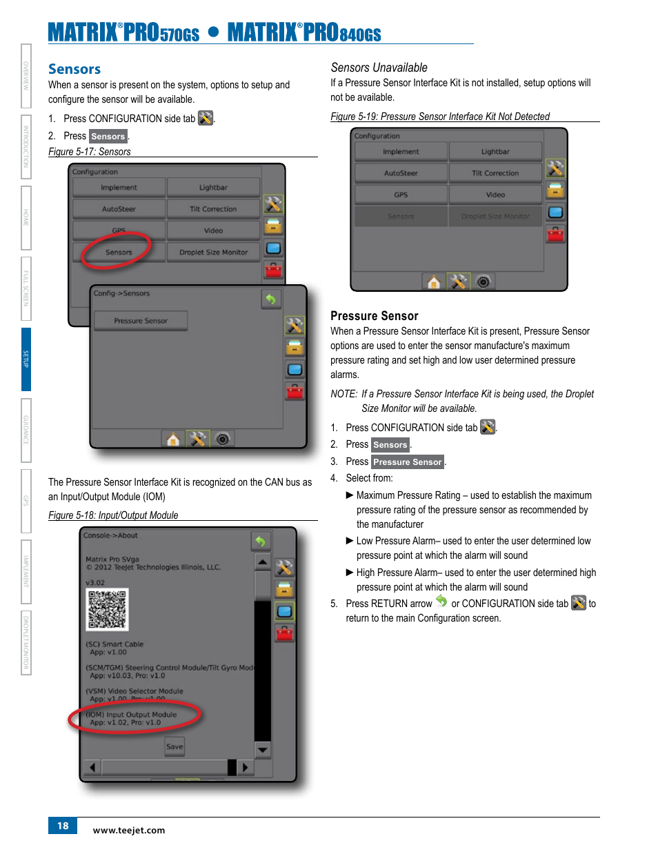 Sensors, Sensors unavailable, Pressure sensor | TeeJet Matrix Pro 840GS User Manual | Page 24 / 84