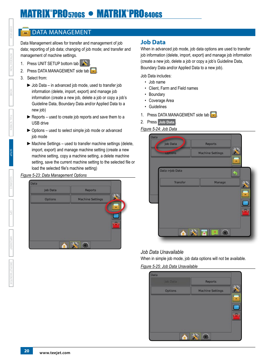 Data management, Job data, Job data unavailable | TeeJet Matrix Pro 840GS User Manual | Page 26 / 84