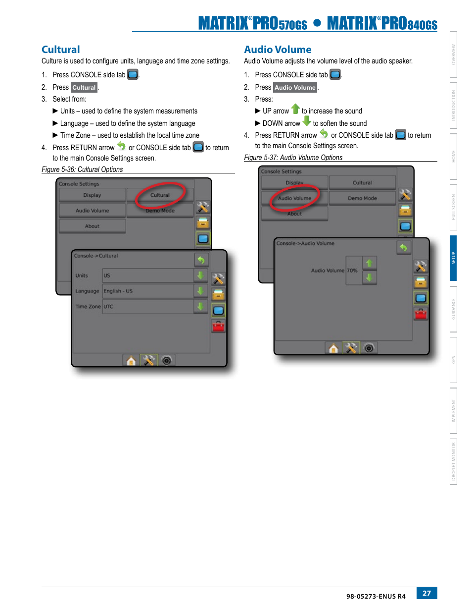Cultural, Audio volume, Cultural audio volume | TeeJet Matrix Pro 840GS User Manual | Page 33 / 84