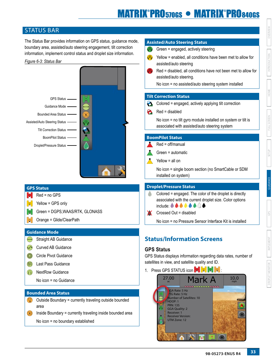 Status bar, Status/information screens, Mark a | Gps status | TeeJet Matrix Pro 840GS User Manual | Page 39 / 84