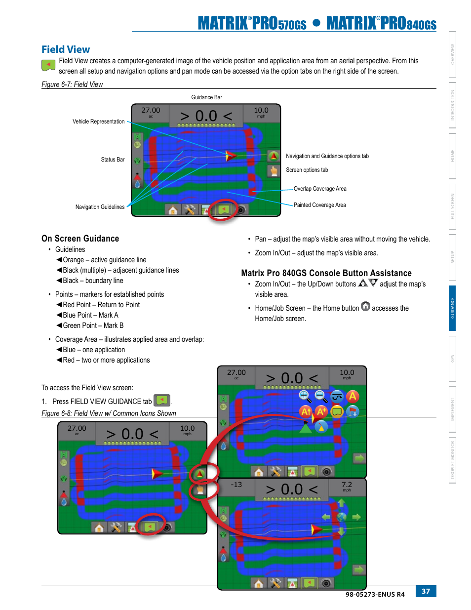 Field view, On screen guidance, Matrix pro 840gs console button assistance | TeeJet Matrix Pro 840GS User Manual | Page 43 / 84