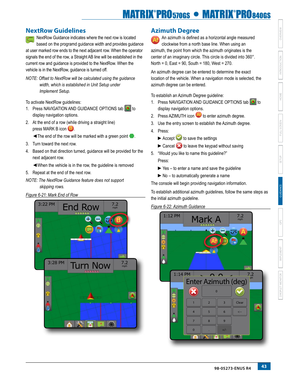 Nextrow guidelines, Azimuth degree, Nextrow guidelines azimuth degree | End row, Turn now, Mark a, Enter azimuth (deg) | TeeJet Matrix Pro 840GS User Manual | Page 49 / 84