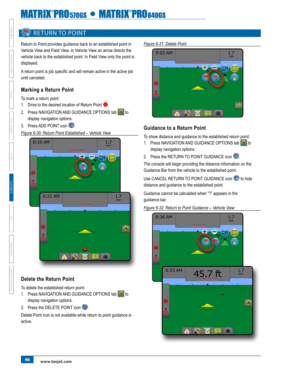 Return to point, Marking a return point, Delete the return point | Guidance to a return point, 7 ft | TeeJet Matrix Pro 840GS User Manual | Page 52 / 84