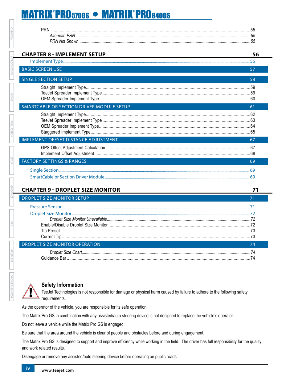 Safety information, Chapter 8 - implement setup 56, Chapter 9 - droplet size monitor 71 | TeeJet Matrix Pro 840GS User Manual | Page 6 / 84
