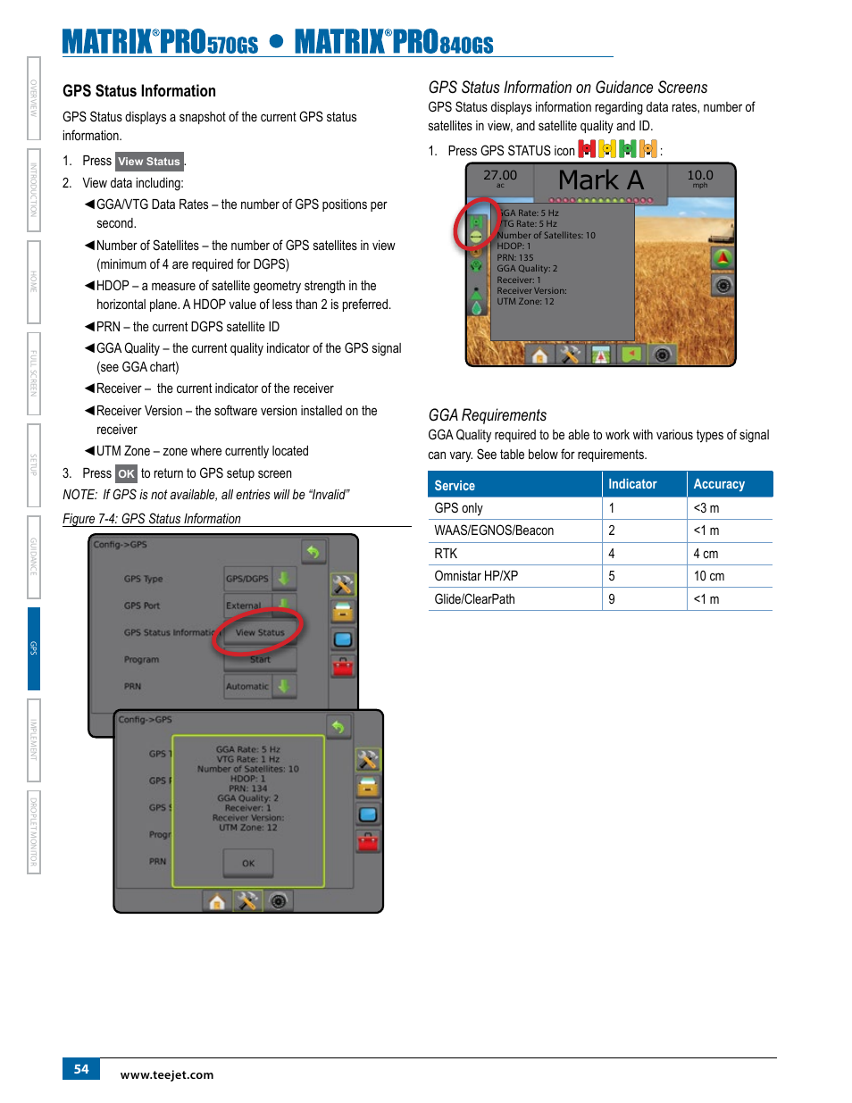 Gps status information on guidance screens, Gga requirements, Mark a | Gps status information | TeeJet Matrix Pro 840GS User Manual | Page 60 / 84