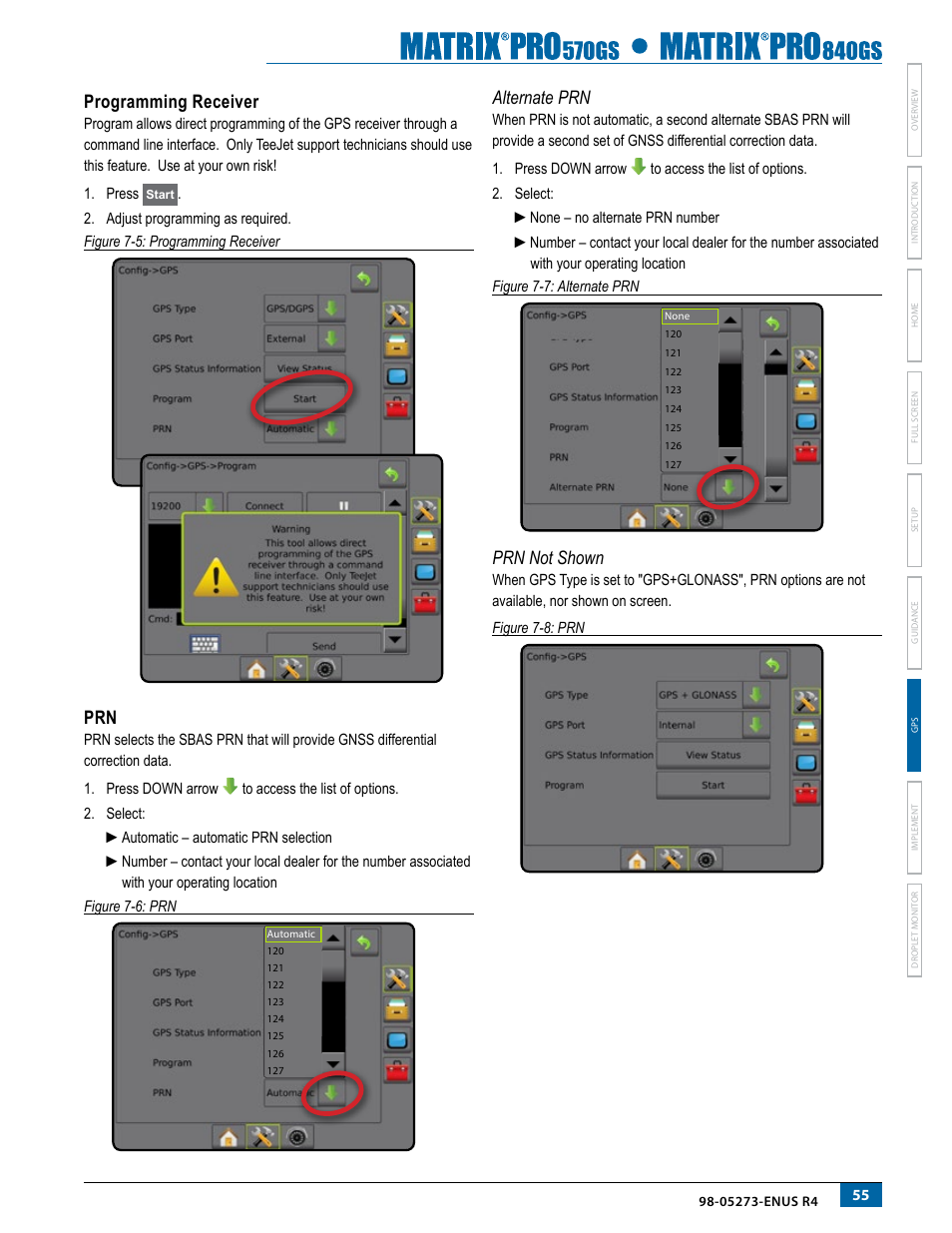 Programming receiver, Alternate prn, Prn not shown | TeeJet Matrix Pro 840GS User Manual | Page 61 / 84