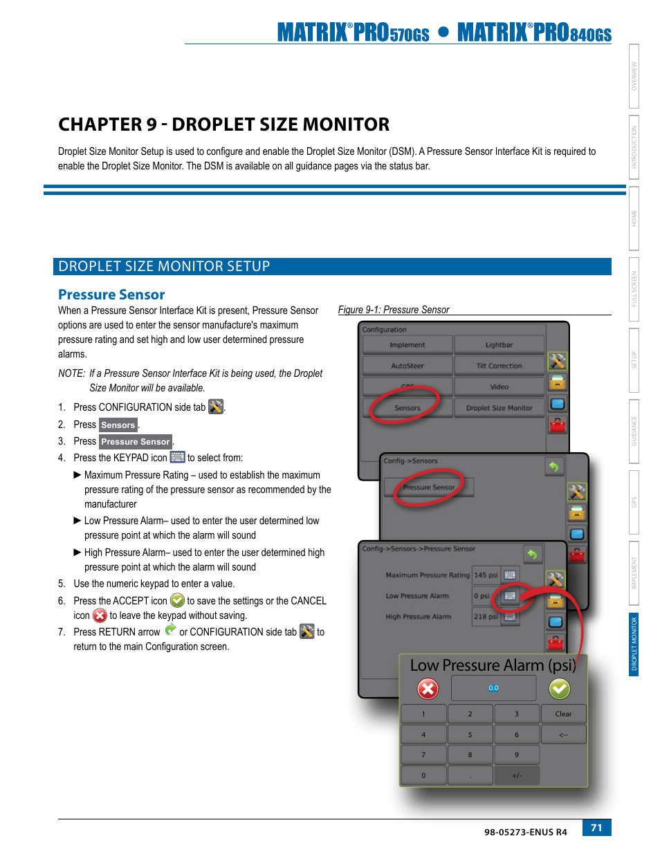 Chapter 9 - droplet size monitor, Droplet size monitor setup, Pressure sensor | Low pressure alarm (psi), Droplet size monitor setup pressure sensor | TeeJet Matrix Pro 840GS User Manual | Page 77 / 84