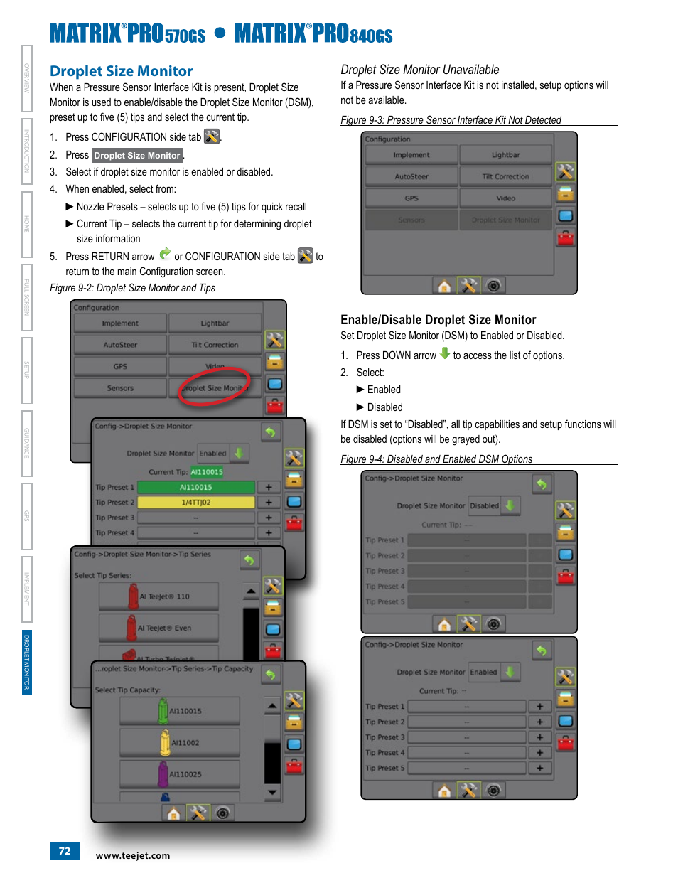 Droplet size monitor, Droplet size monitor unavailable, Enable/disable droplet size monitor | TeeJet Matrix Pro 840GS User Manual | Page 78 / 84