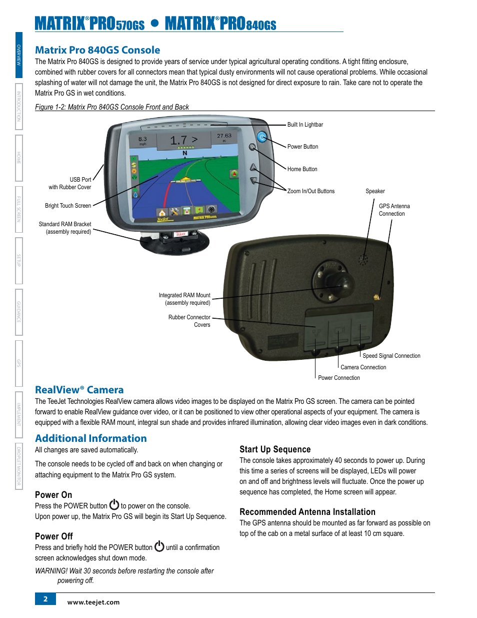 Matrix pro 840gs console, Realview® camera, Additional information | Power on, Power off, Start up sequence, Recommended antenna installation | TeeJet Matrix Pro 840GS User Manual | Page 8 / 84