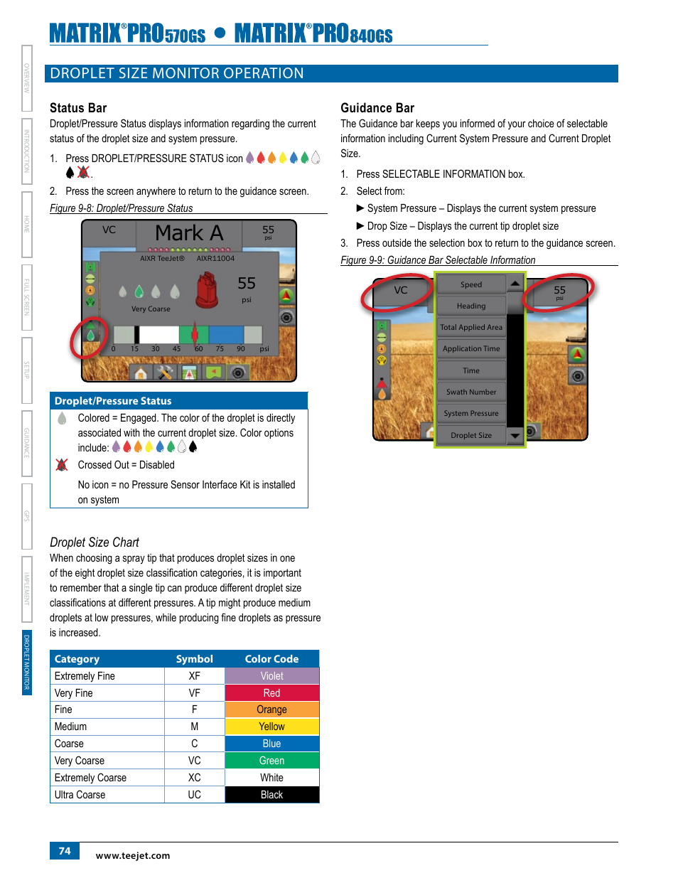 Droplet size monitor operation, Droplet size chart, Guidance bar | Mark a, Status bar | TeeJet Matrix Pro 840GS User Manual | Page 80 / 84