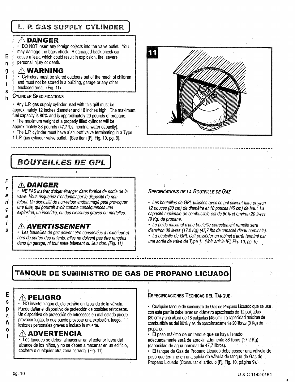Adanger, Tanque de suministro de gas de propano licuado, Bouteilles de | Aadvertencia, A warning, A danger, Avertissement, Peligro, L= p. gas supply cylimder, Ra n | Craftsman 258.1240100 User Manual | Page 10 / 44