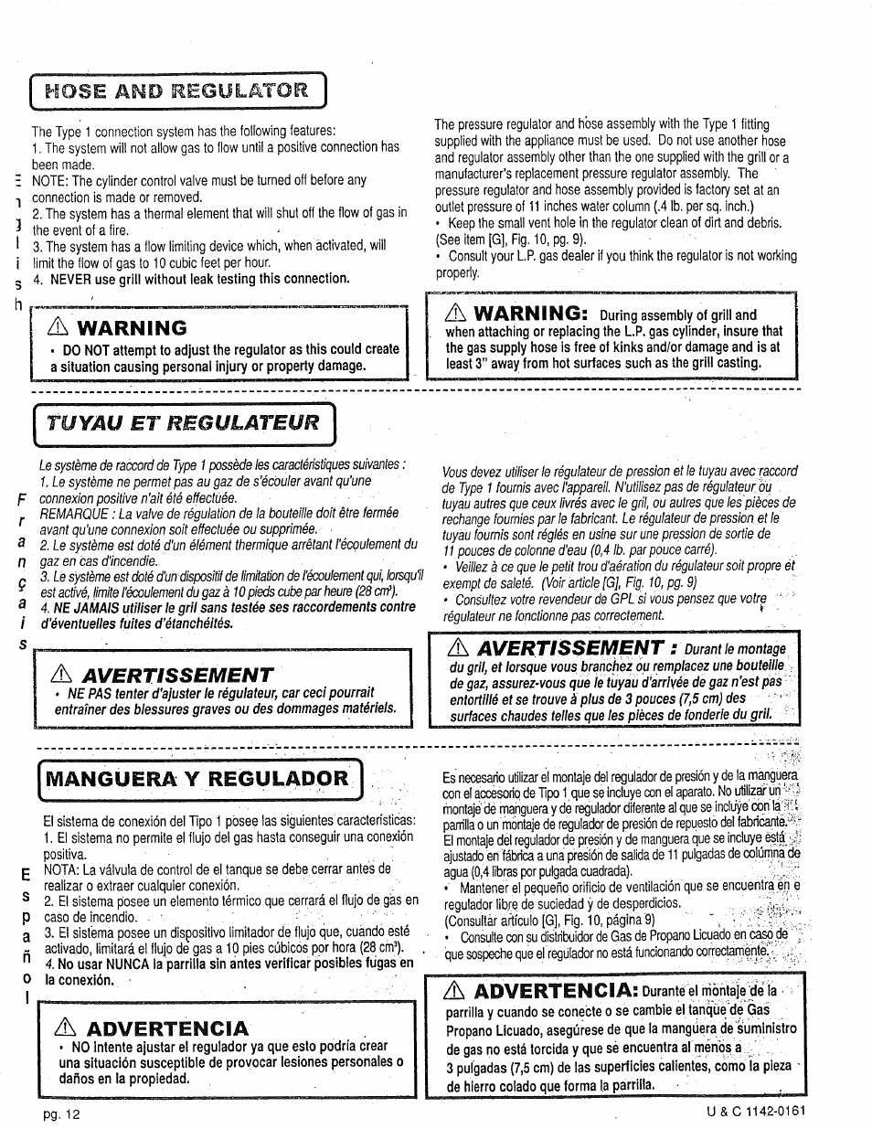 A warning, I\ warning, Manguera y regulador | Advertencia, Tuyau et regulateur, Avertissement, Hose amd regulator | Craftsman 258.1240100 User Manual | Page 12 / 44