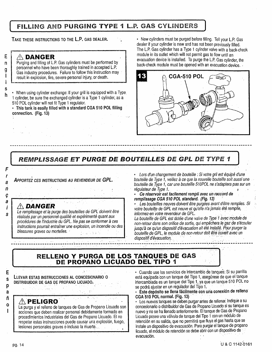 Filling and, Type 1, Cylinders | Relleno y purga de los tanques de gas, Propano licuado del tipo 1, Apeligro, Danger, A danger, Purging, L.p. gas | Craftsman 258.1240100 User Manual | Page 14 / 44