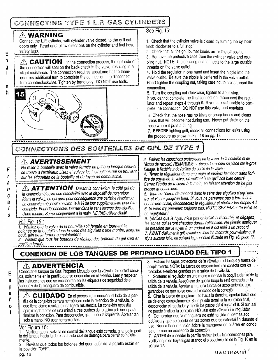 A warning, A caution, Advertencia | Cmu'^ections des bouteilles de gpl de type 1, Avertissement, Attention, Cuidado, Coh^^egtü^g tpe 1 l.p, gas cylinders | Craftsman 258.1240100 User Manual | Page 16 / 44