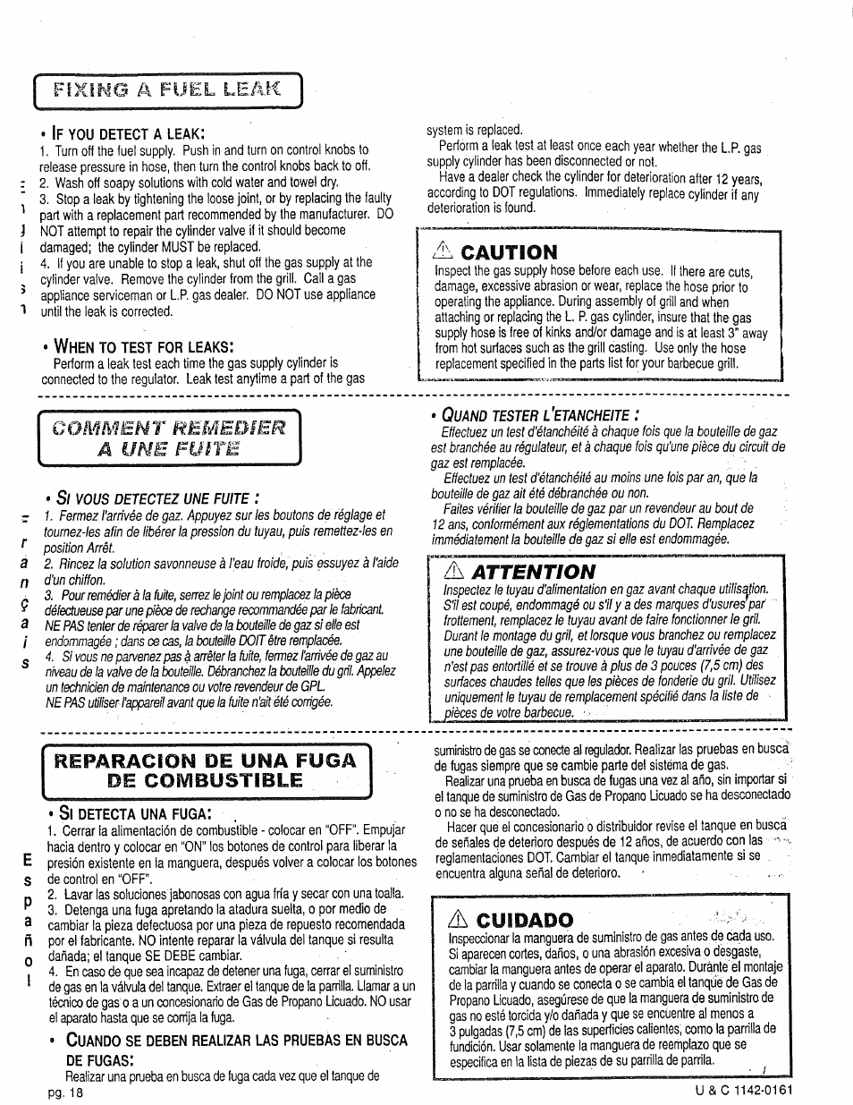 A caution, Reparacion de una fuga, Combustible | A cuidado, Leak, Comment remedier a une fuite, Attention, Fixing /4 fuel | Craftsman 258.1240100 User Manual | Page 18 / 44