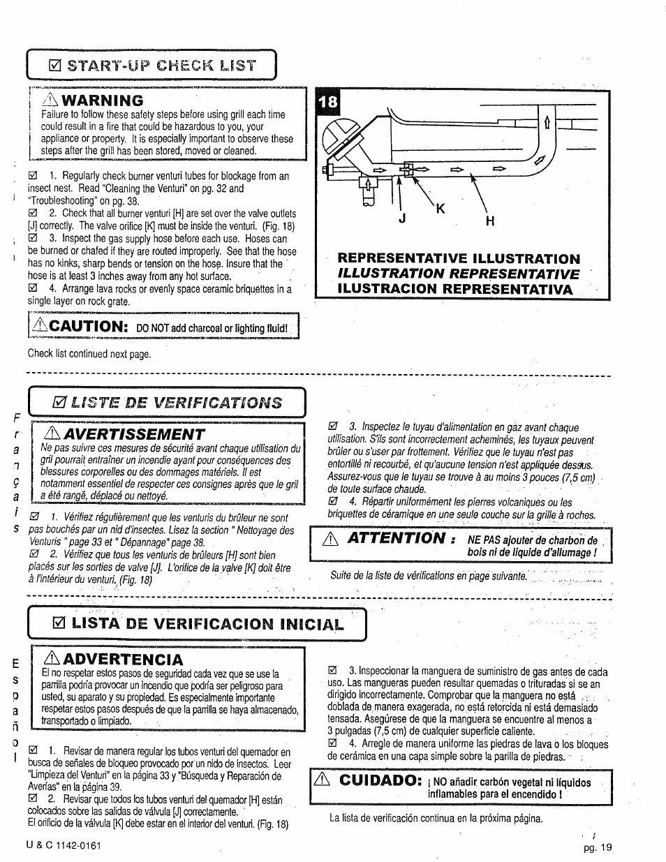 Caution, Cuidado, I\ warning | 0t uste de verifications /h avertissement, Attention, 0 lista de verificacion inicial aadvertencia, 0 start-up check list | Craftsman 258.1240100 User Manual | Page 19 / 44