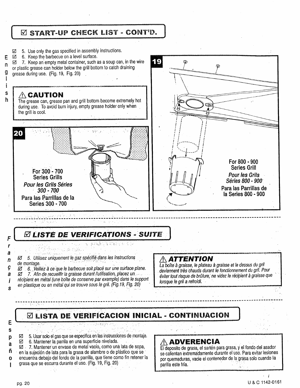A caution, 0 listé de verifications ~ suite, Attention | Aadverencia, 0 start-üp check list = comt'd, Nç a | Craftsman 258.1240100 User Manual | Page 20 / 44